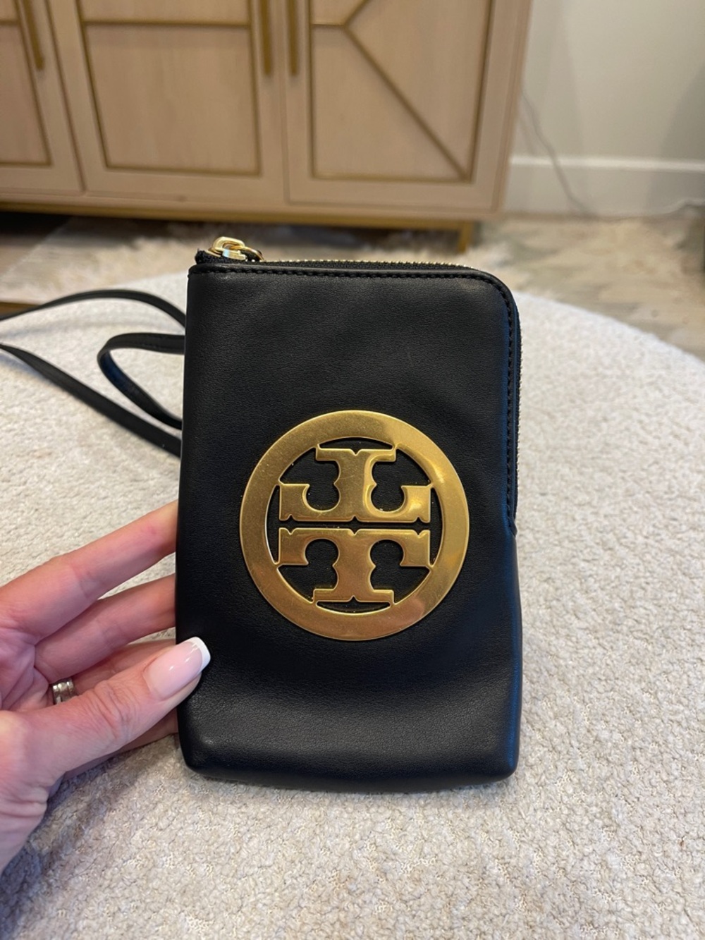 Tory Burch Black Leather Crossbody Phone Pouch with Gold Logo Medallion